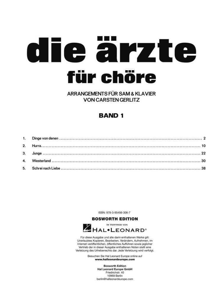 Bild: 9783954563067 | die ärzte für chöre, Band 1 | Für SAM + Klavier | Bosworth Edition