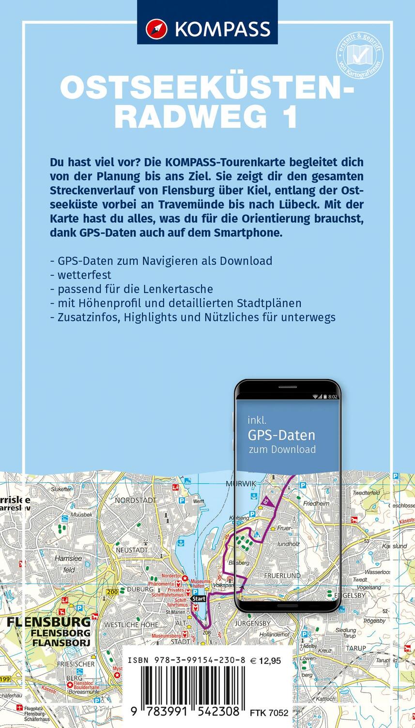 Rückseite: 9783991542308 | KOMPASS Fahrrad-Tourenkarte Ostseeküstenradweg 1, von Flensburg...