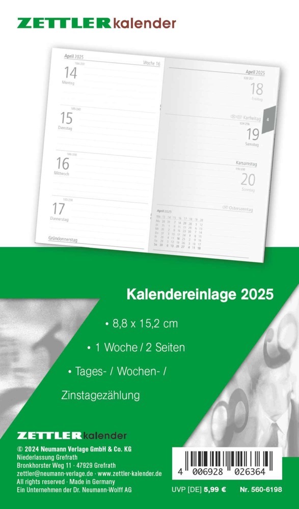 Cover: 4006928026364 | Zettler - Kalender-Ersatzeinlage 2025, 8,8x15,2cm, Ersatzeinlage...