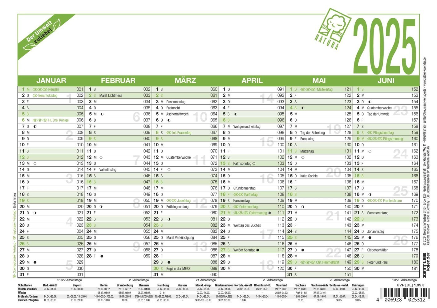 Cover: 4006928025312 | Arbeitstagekalender Recycling 2025 - A5 (21 x 14,8 cm) - 6 Monate...