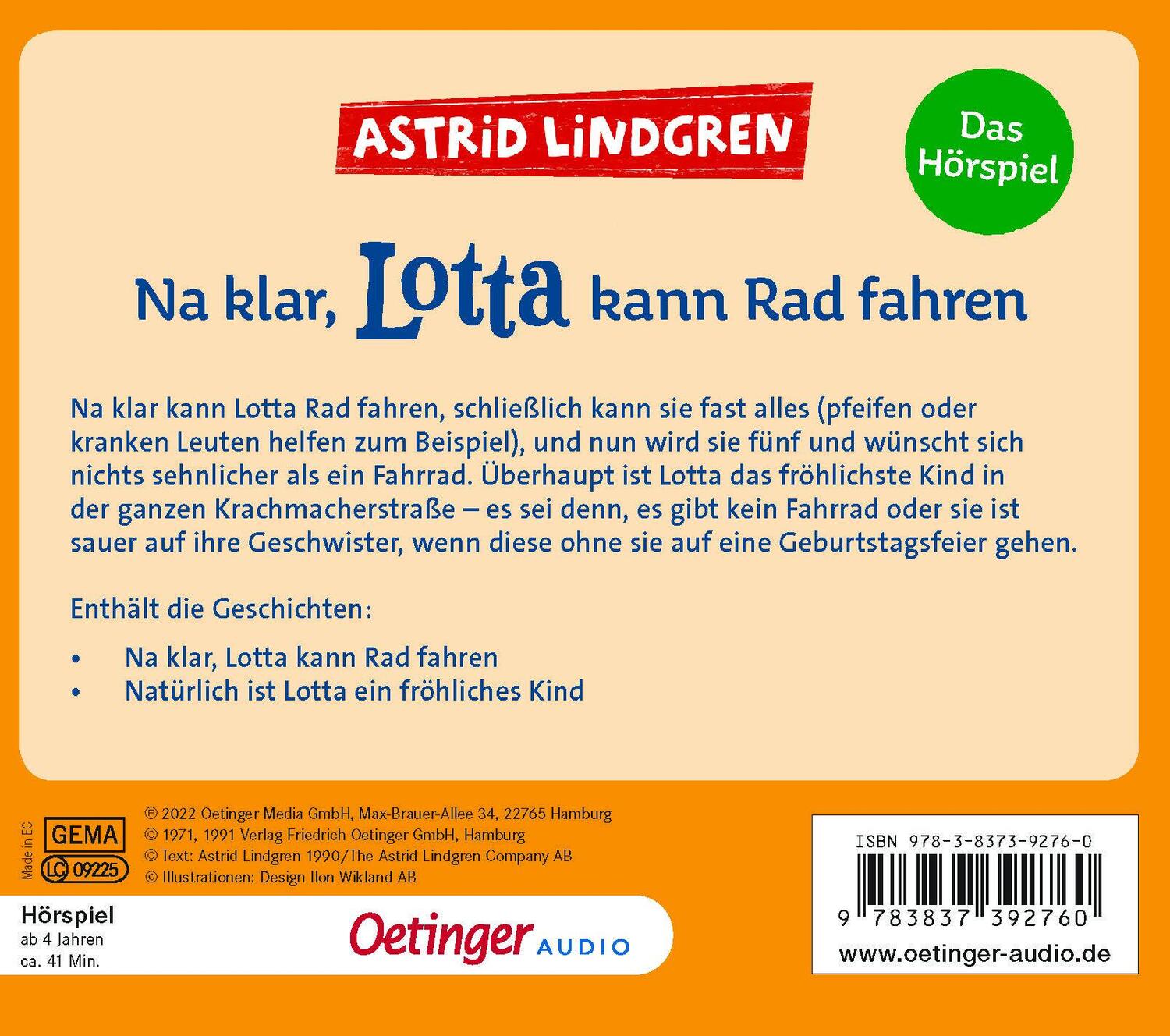 Rückseite: 9783837392760 | Na klar, Lotta kann Rad fahren | Das Hörspiel | Astrid Lindgren | CD