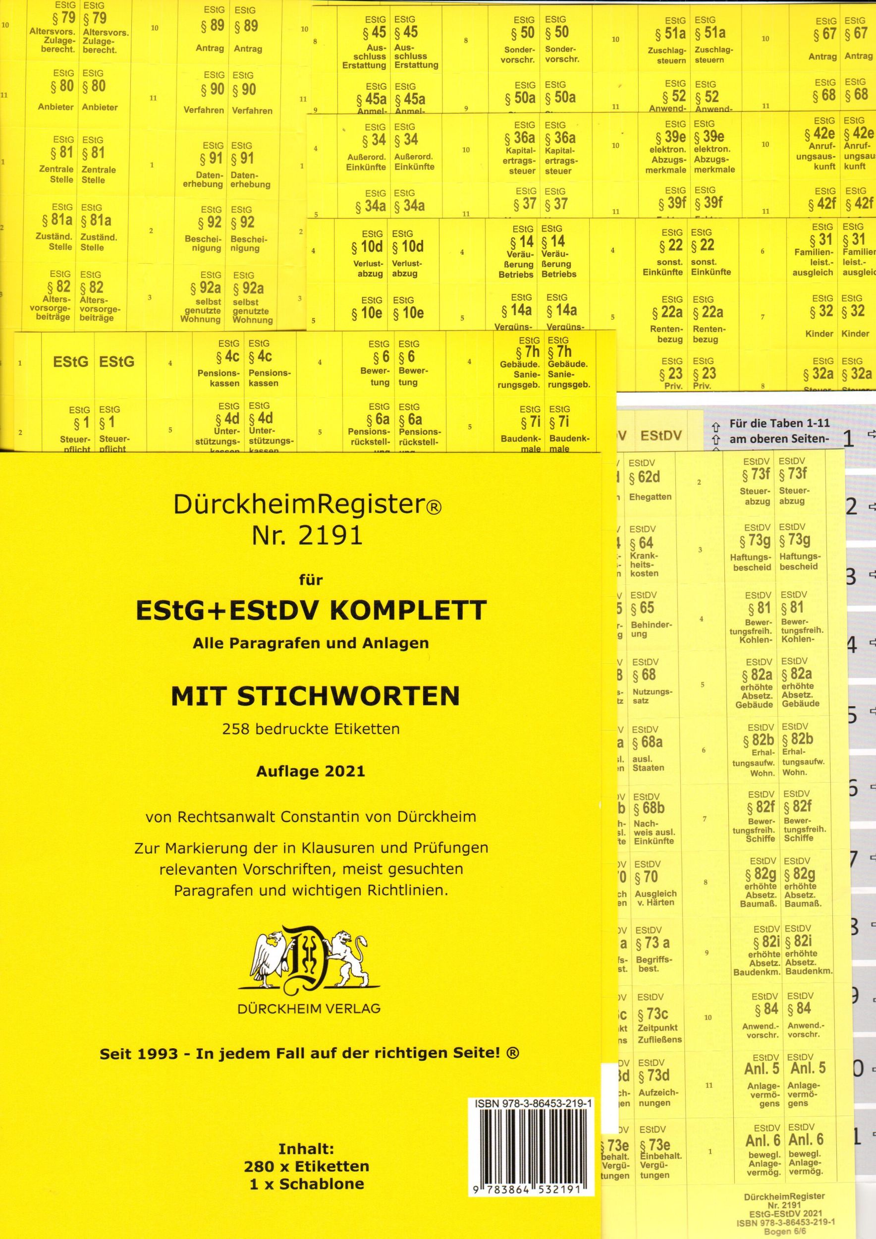 Cover: 9783864532191 | DürckheimRegister® EStG+EStDV KOMPLETT alle §§ MIT STICHWORTEN | 2 S.