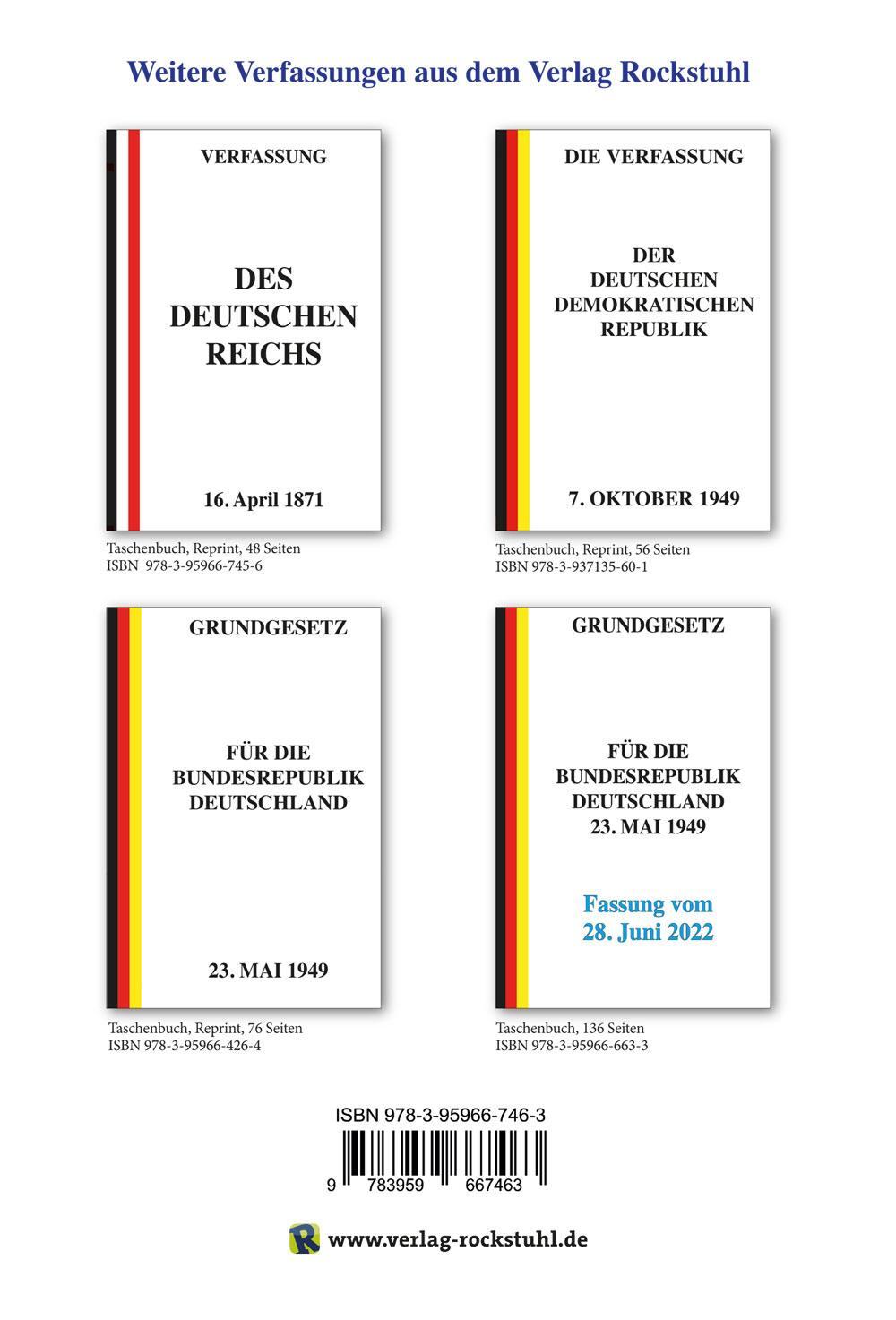 Rückseite: 9783959667463 | VERFASSUNG des Deutschen Reichs vom 11. August 1919 | Taschenbuch