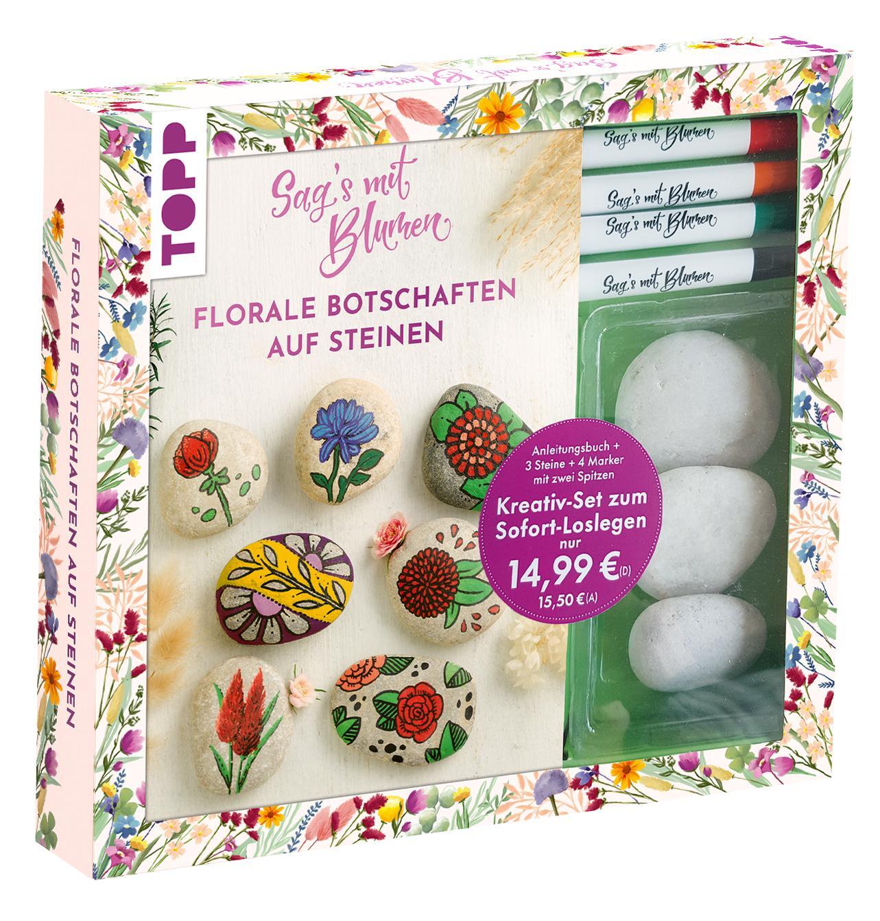 Cover: 9783735891570 | Kreativ-Set: Sag's mit Blumen - Florale Botschaften auf Steinen....