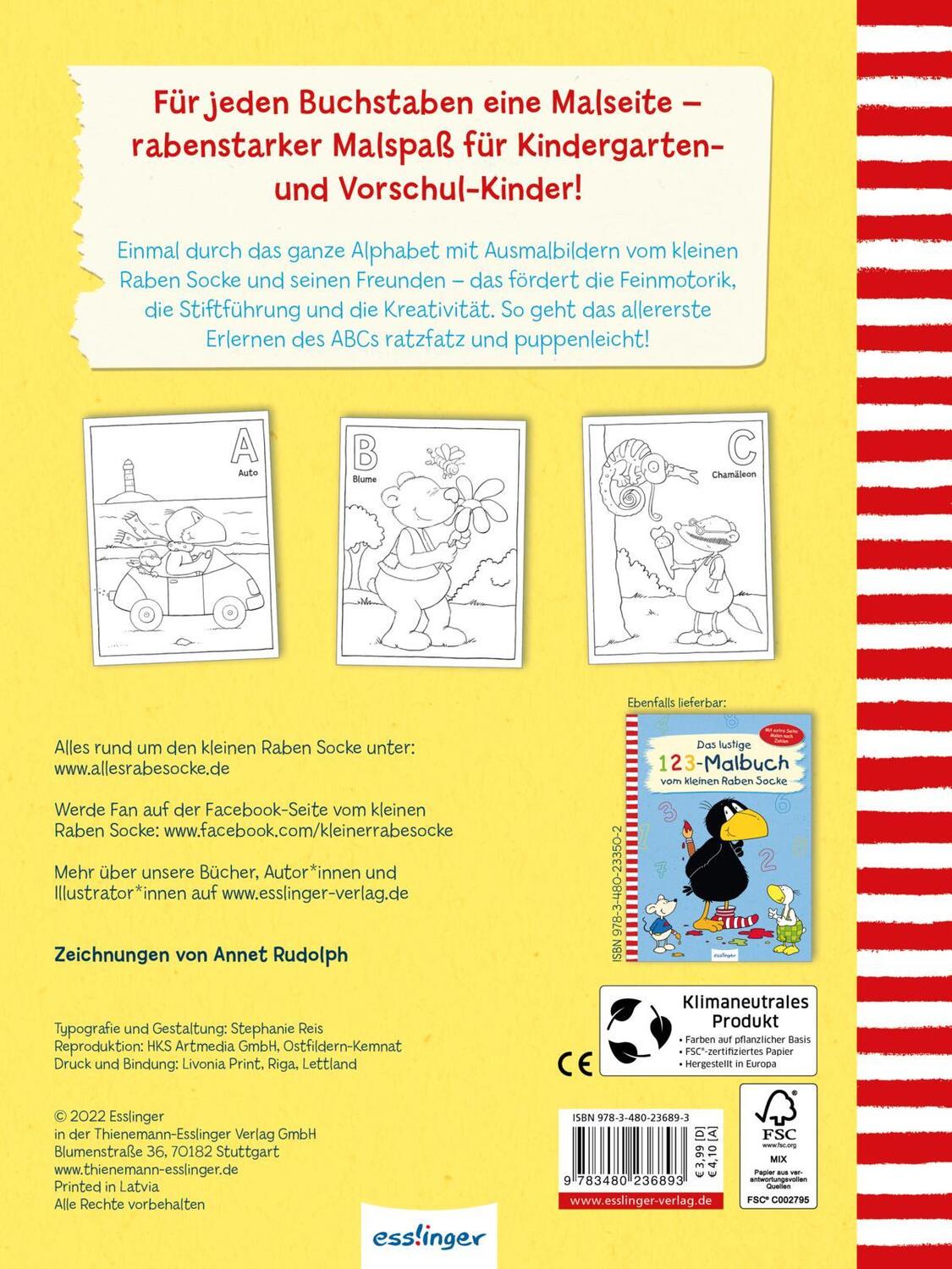 Rückseite: 9783480237616 | Der kleine Rabe Socke: Das lustige ABC-Malbuch vom kleinen Raben Socke