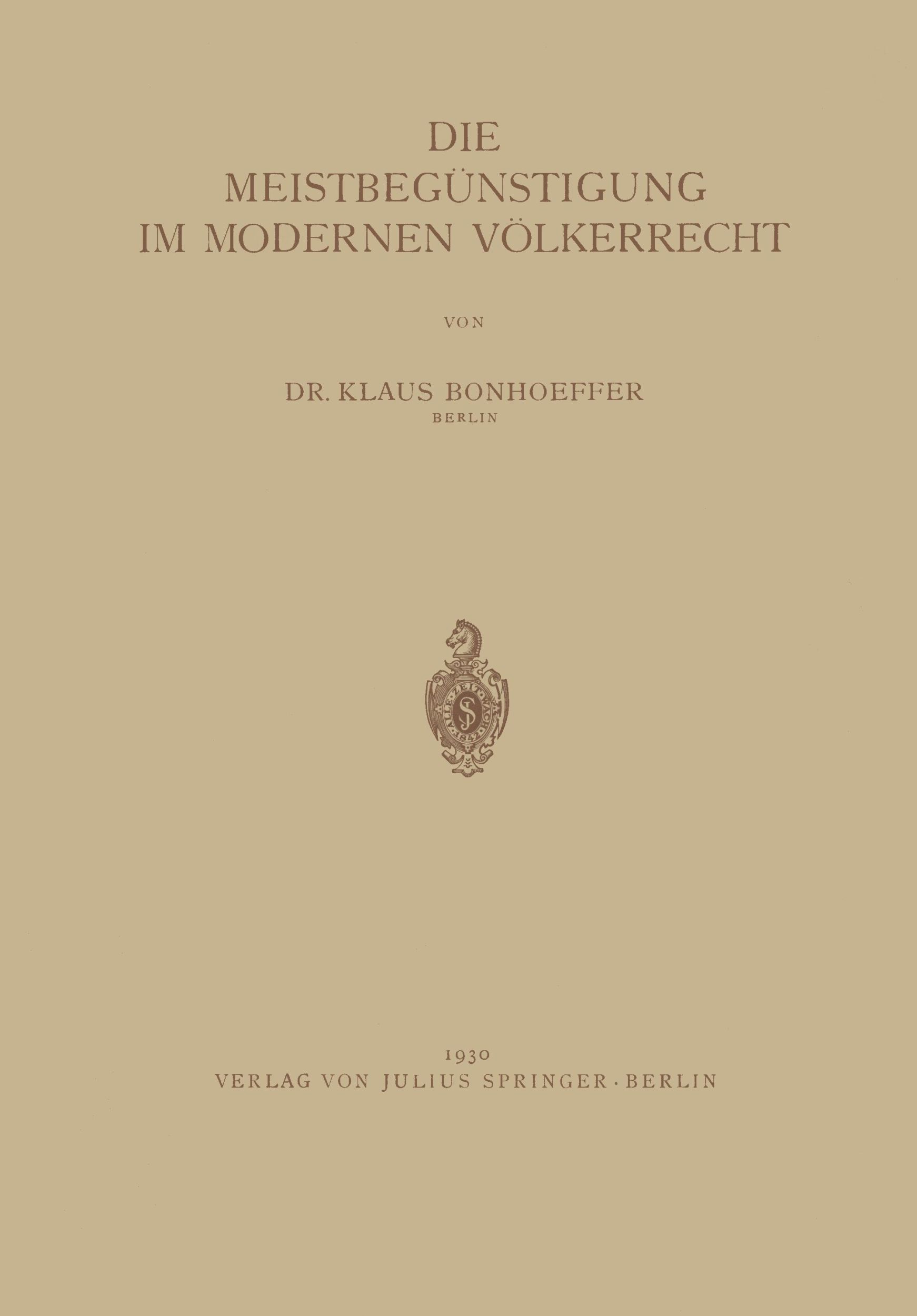 Cover: 9783642939259 | Die Meistbegünstigung im Modernen Völkerrecht | Na Bonhoeffer | Buch