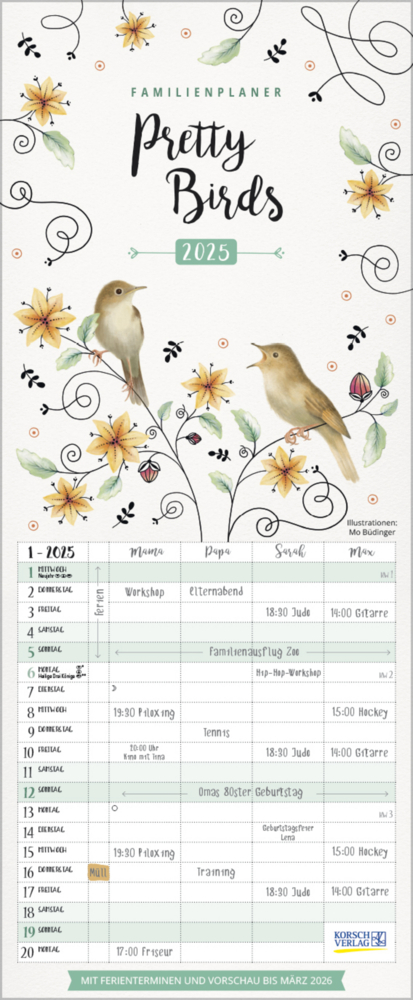 Cover: 9783731877134 | Familienplaner Pretty Birds 2025 | Korsch Verlag | Kalender | 14 S.