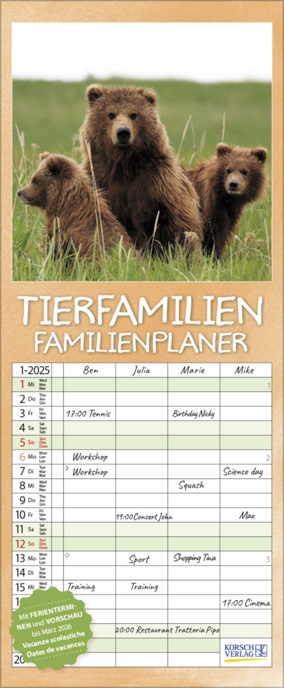 Cover: 9783731880387 | Tierfamilien Familienplaner 2025 | Korsch Verlag | Kalender | 13 S.