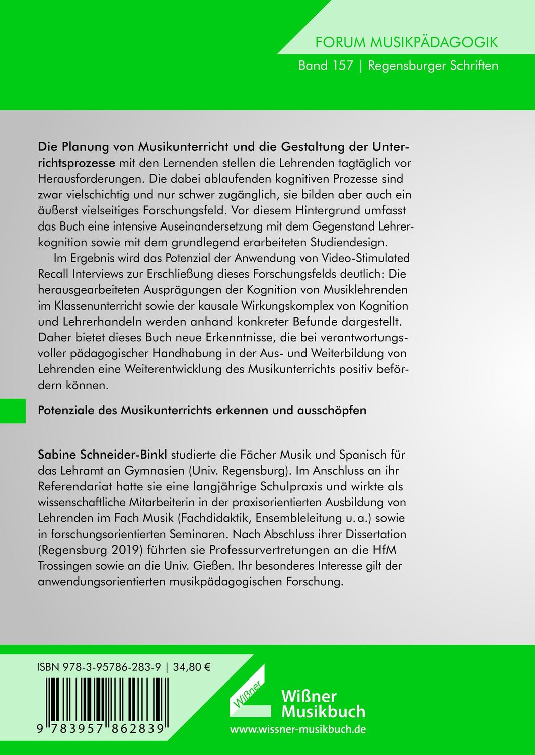 Rückseite: 9783957862839 | Lehrerkognition im Musikunterricht | Sabine Schneider-Binkl | Buch