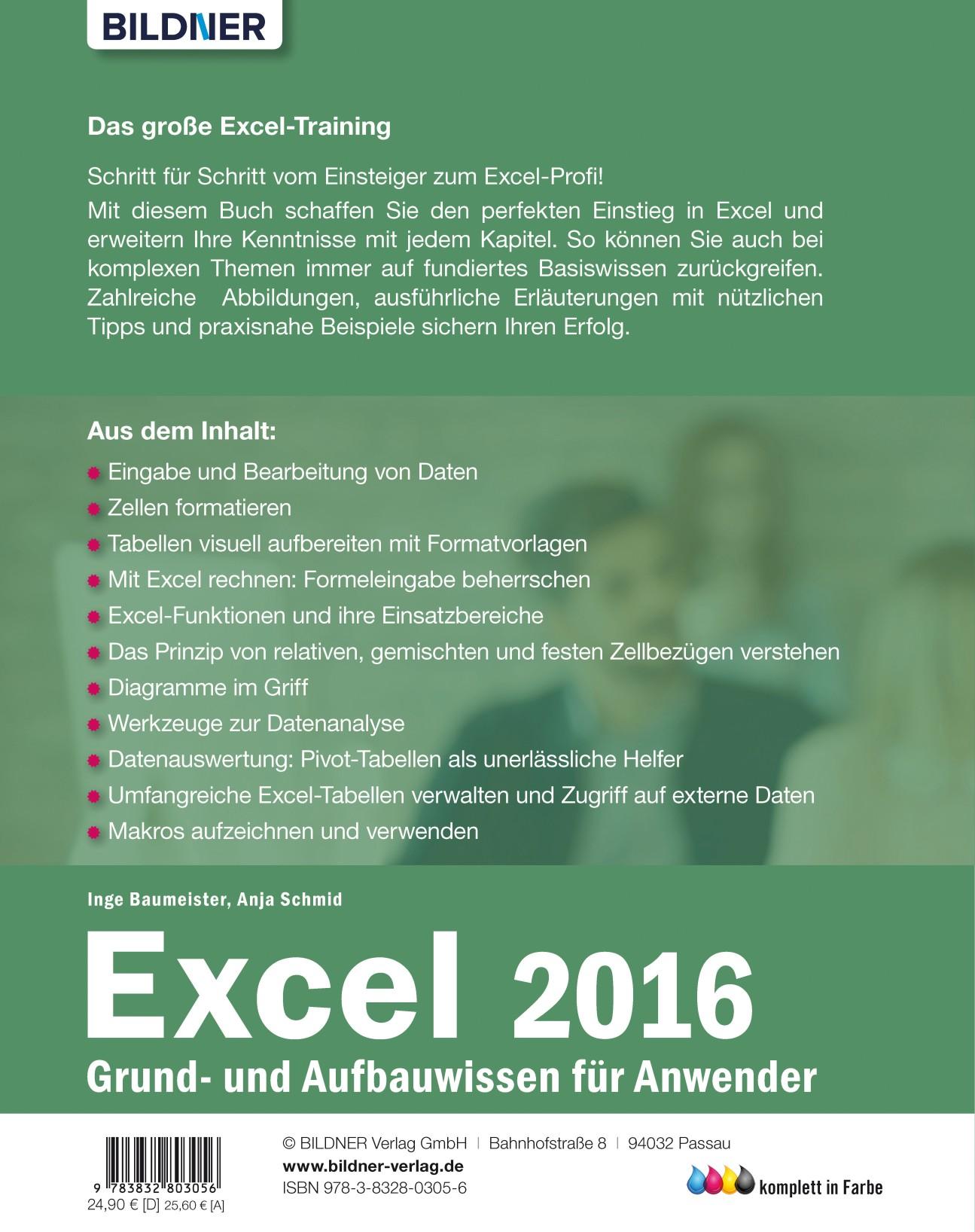 Rückseite: 9783832803056 | Excel 2016 Grund- und Aufbauwissen für Anwender | Baumeister (u. a.)