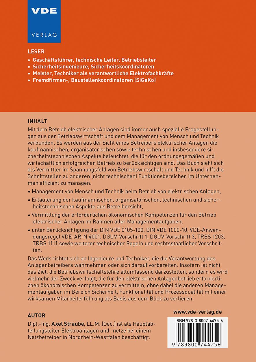 Rückseite: 9783800744756 | Der sichere und wirtschaftliche Betrieb elektrischer Anlagen | Straube
