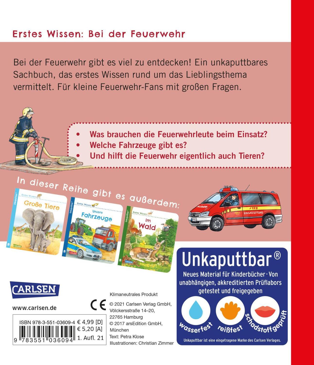 Rückseite: 9783551036094 | Unkaputtbar: Erstes Wissen: Bei der Feuerwehr | Petra Klose | Buch