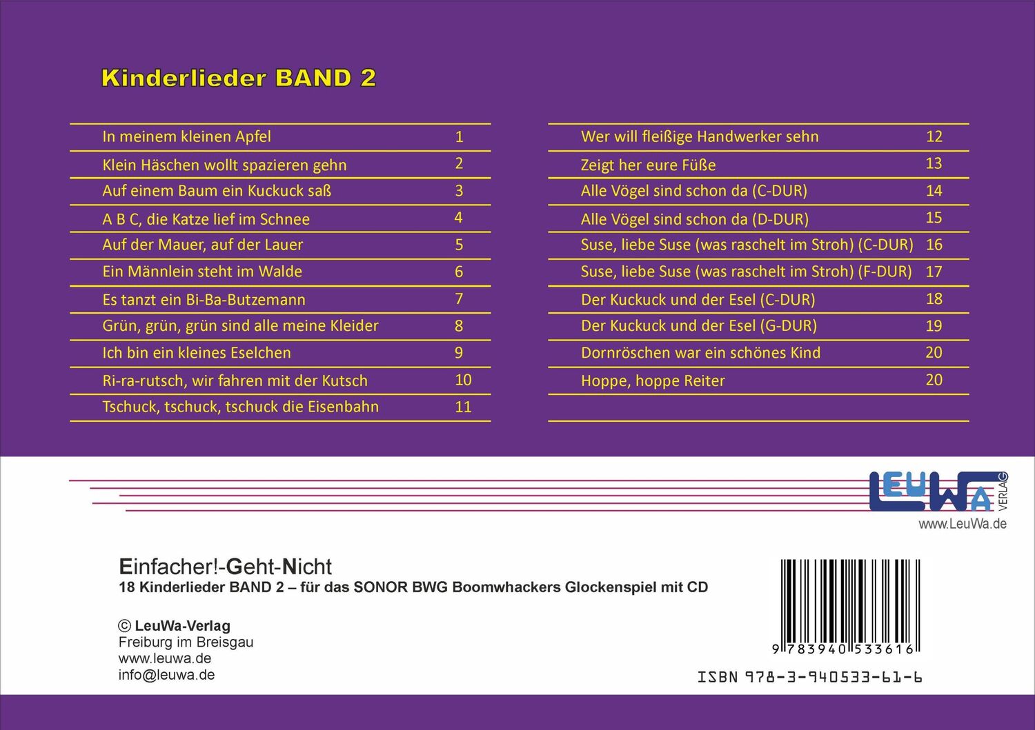 Rückseite: 9783940533616 | Einfacher!-Geht-Nicht: 18 Kinderlieder BAND 2 - für das SONOR® BWG...