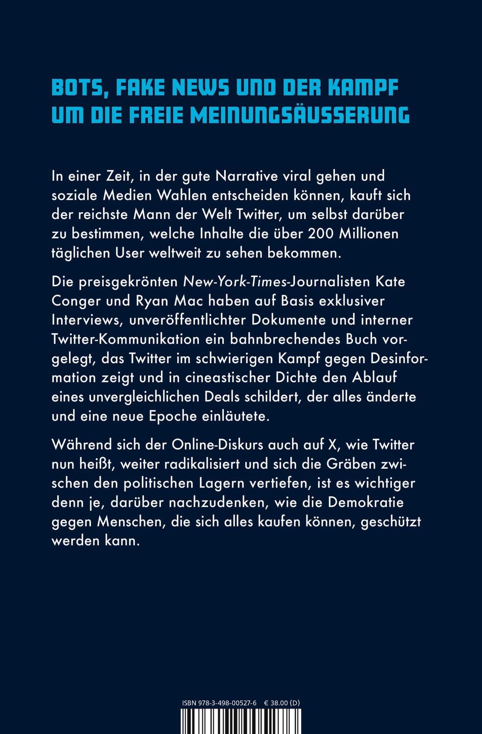 Rückseite: 9783498005276 | Elon Musk und die Zerstörung von Twitter | Kate Conger (u. a.) | Buch