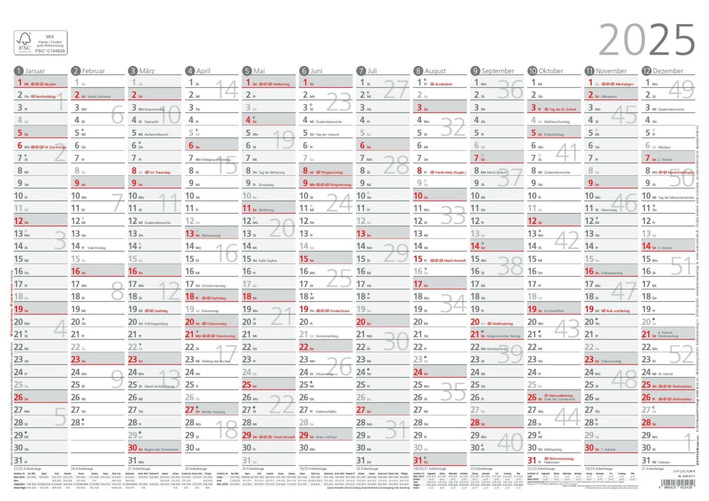 Cover: 4006928025459 | Zettler - Plakatkalender 2025, 42x29,7cm, Jahresplaner mit...