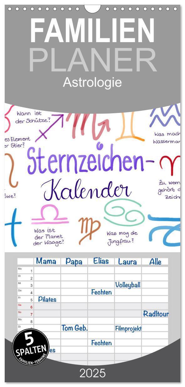 Cover: 9783457116074 | Familienplaner 2025 - Sternzeichen-Kalender mit 5 Spalten...