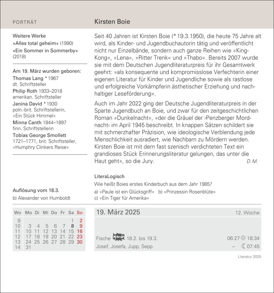 Bild: 9783840033308 | Literatur Tagesabreißkalender 2025 - Kulturkalender - Autoren,...