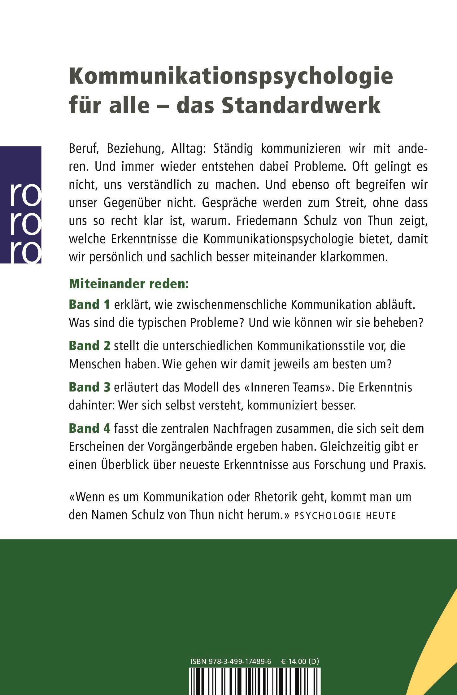 Rückseite: 9783499174896 | Miteinander reden 1 | Friedemann Schulz von Thun | Taschenbuch | 2001