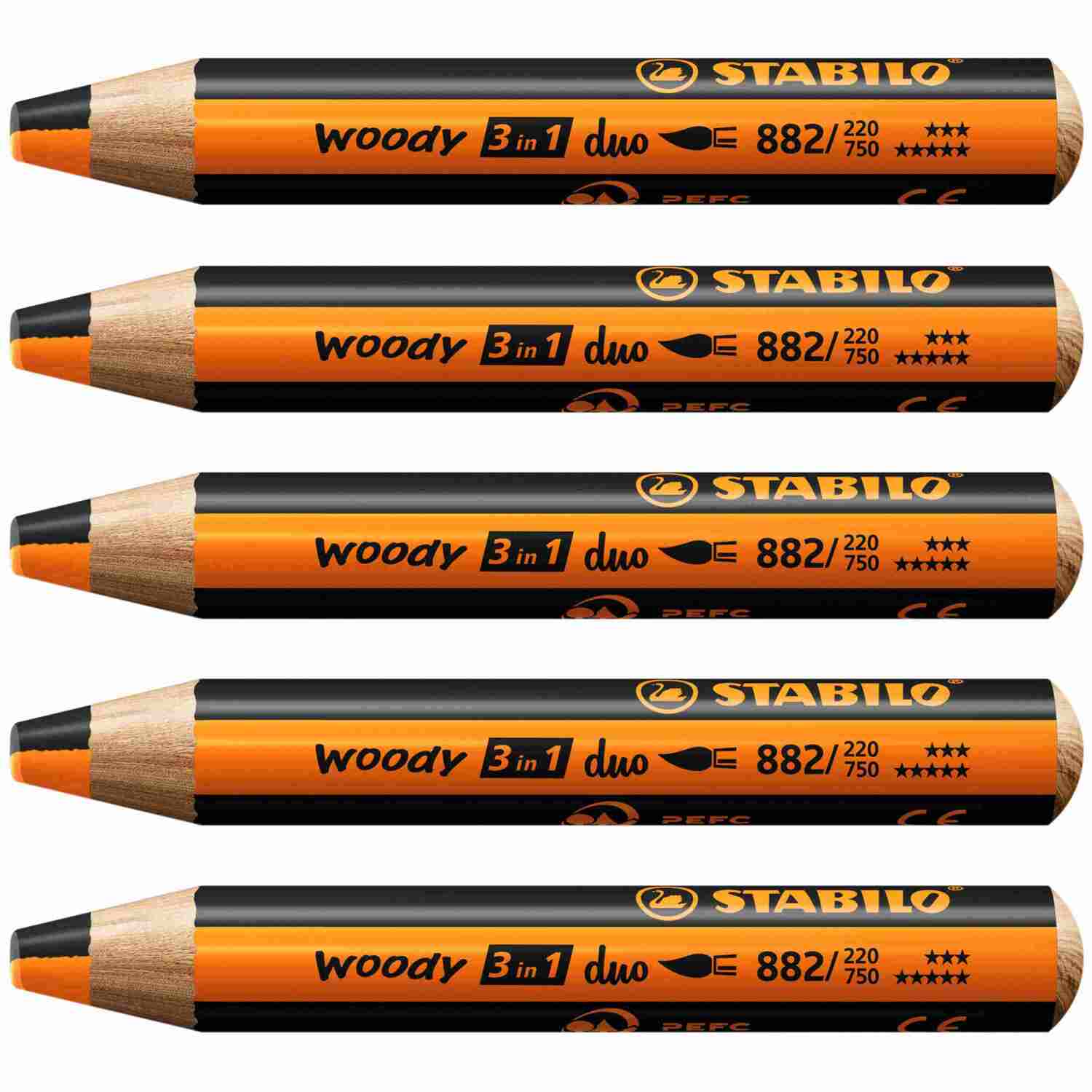 Cover: 4006381603775 | STABILO woody 3 in 1 duo - zweifarbige Mine, 5er Set orange/schwarz