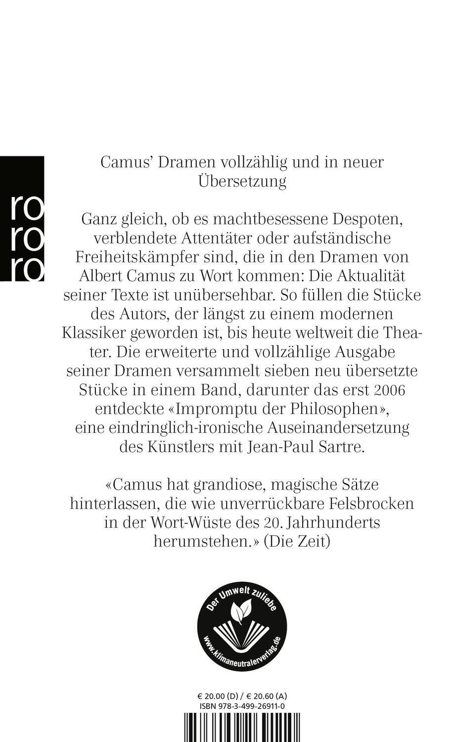 Rückseite: 9783499269110 | Sämtliche Dramen | Erweiterte Neuausgabe | Albert Camus | Taschenbuch