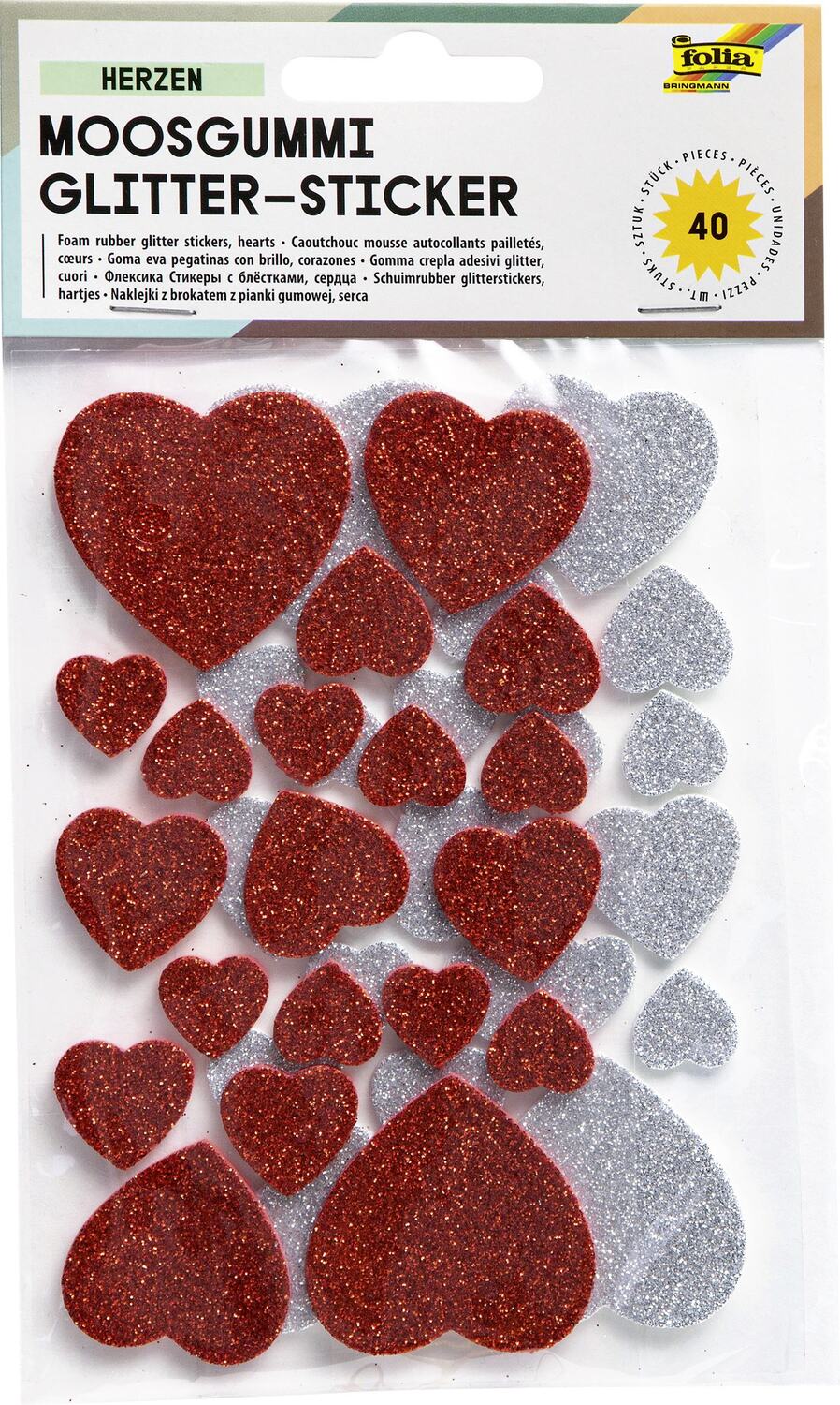 Cover: 4001868237917 | Folia Moosgummi Glitter-Sticker HERZEN I , 40 Stück rot/silber | 23791