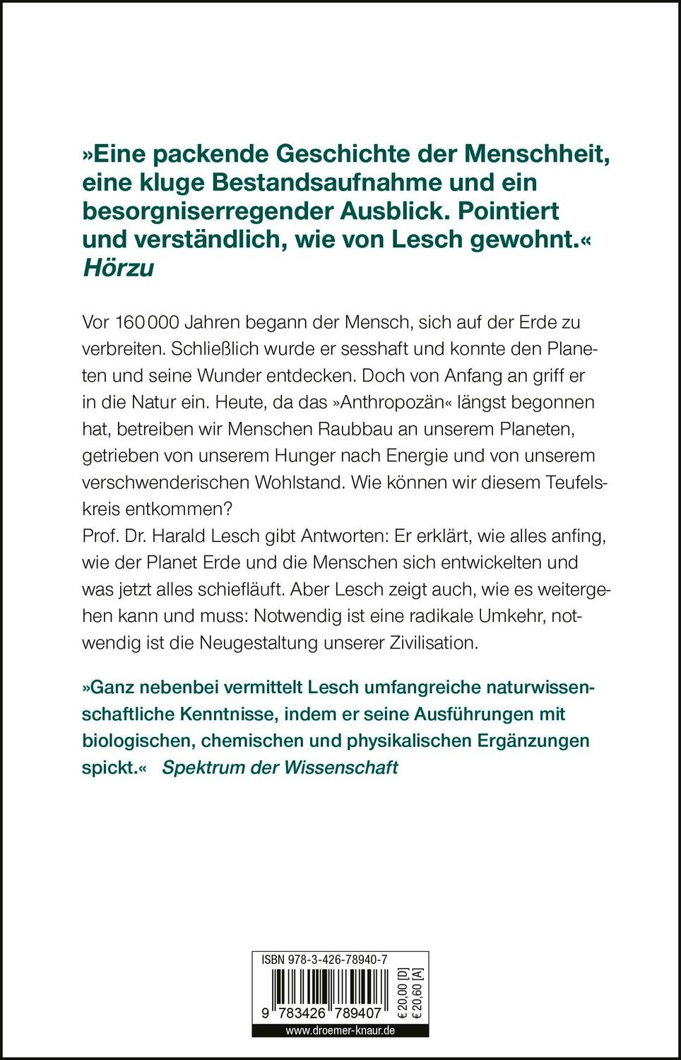 Rückseite: 9783426789407 | Die Menschheit schafft sich ab | Die Erde im Griff des Anthropozän