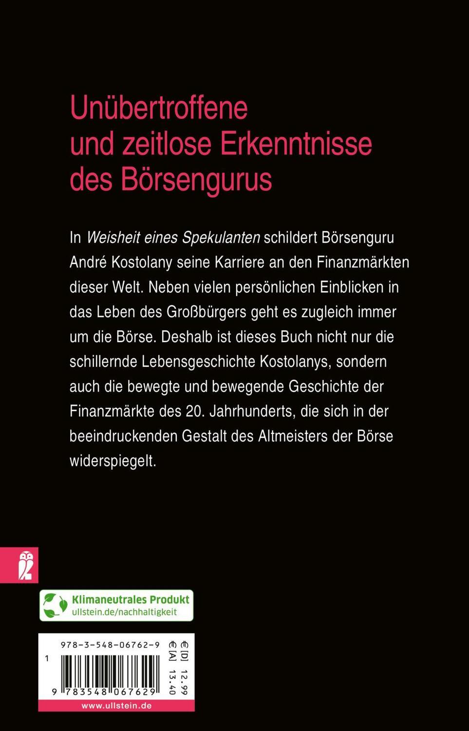 Rückseite: 9783548067629 | Weisheit eines Spekulanten | André Kostolany (u. a.) | Taschenbuch