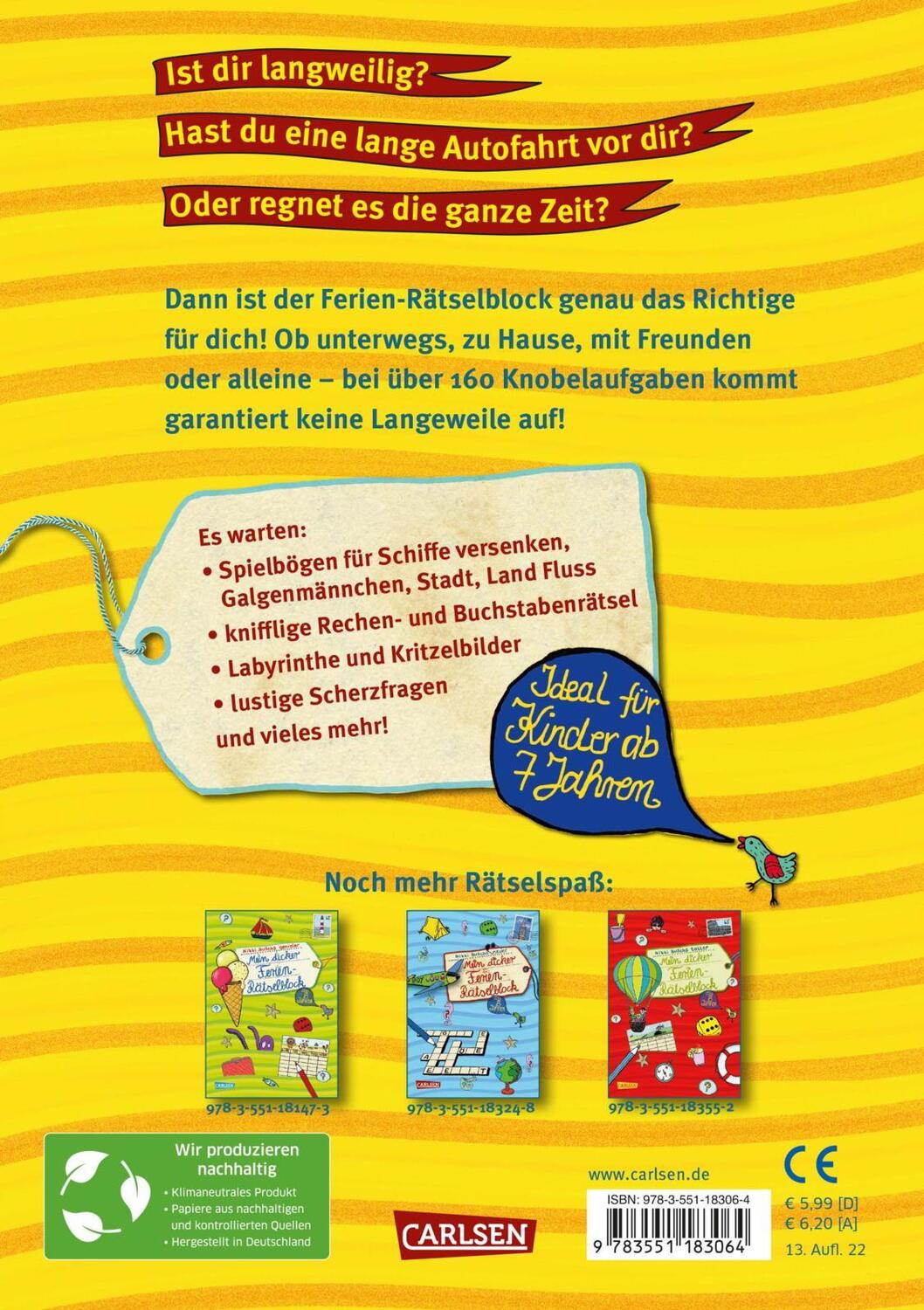 Rückseite: 9783551183064 | Mein dicker Ferien Rätselblock | Nikki Busch | Taschenbuch | 160 S.