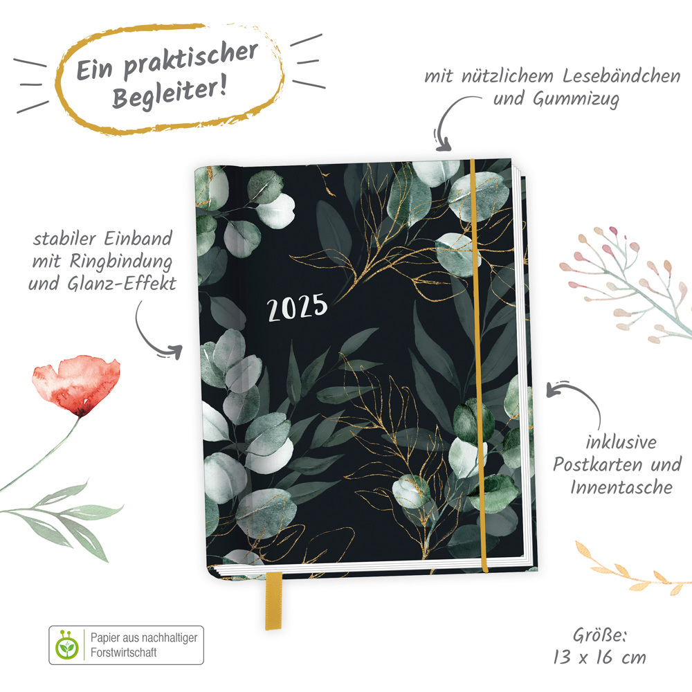 Bild: 4251901507242 | Trötsch Taschenkalender A6 Wire-O Motiv Blumen 2025 mit Postkarten