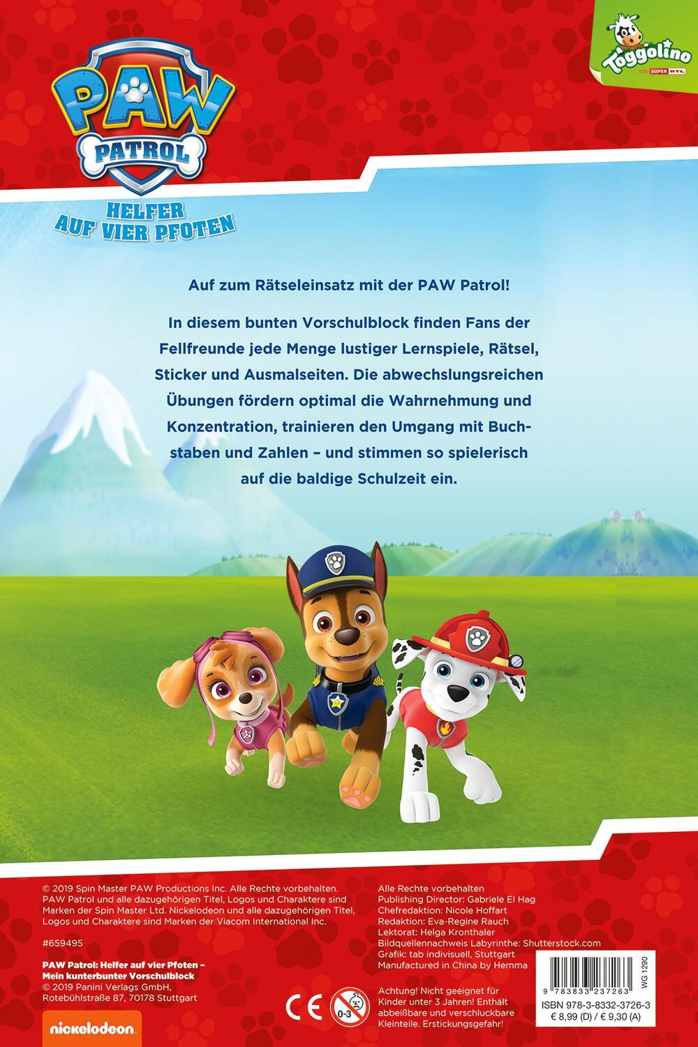 Rückseite: 9783833237263 | PAW Patrol: Mein kunterbunter Vorschulblock | mit über 50 Stickern!