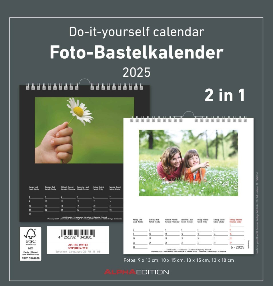 Cover: 4251732341831 | Alpha Edition - Foto-Bastelkalender 2025 schwarz und weiß, 21x22cm,...