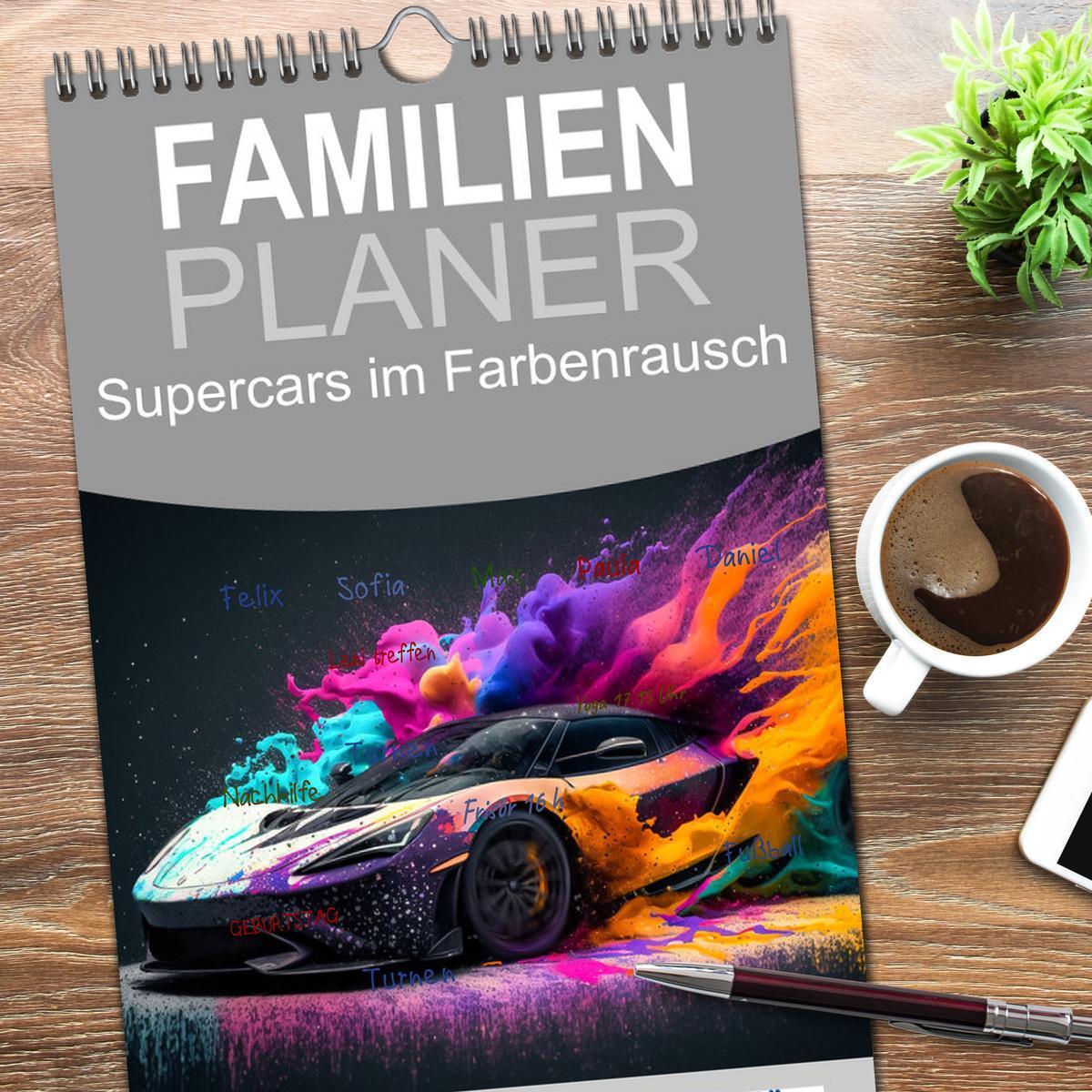 Bild: 9783457093368 | Familienplaner 2025 - Supercars im Farbenrausch mit 5 Spalten...