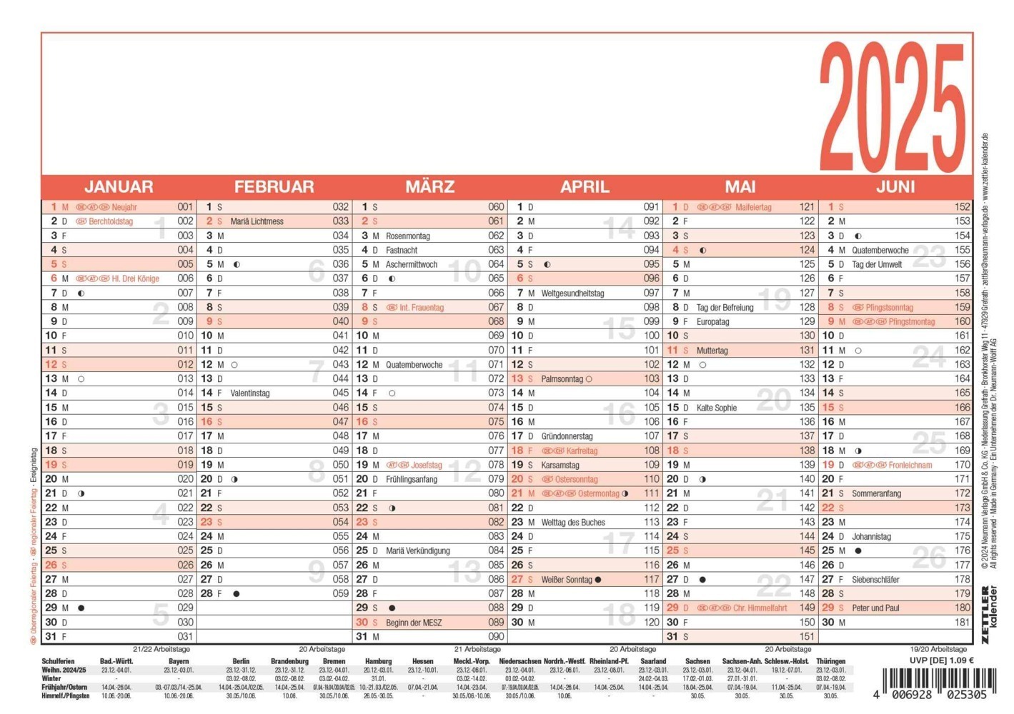 Cover: 4006928025305 | Arbeitstagekalender 2025 - A5 (21 x 14,8 cm) - 6 Monate auf 1 Seite...