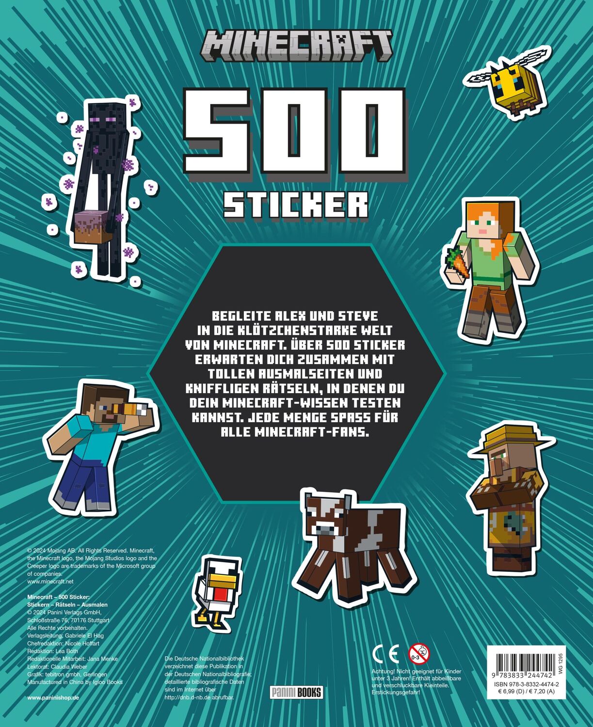 Rückseite: 9783833244742 | Minecraft: 500 Sticker- Stickern - Rätseln - Ausmalen | Panini | Buch