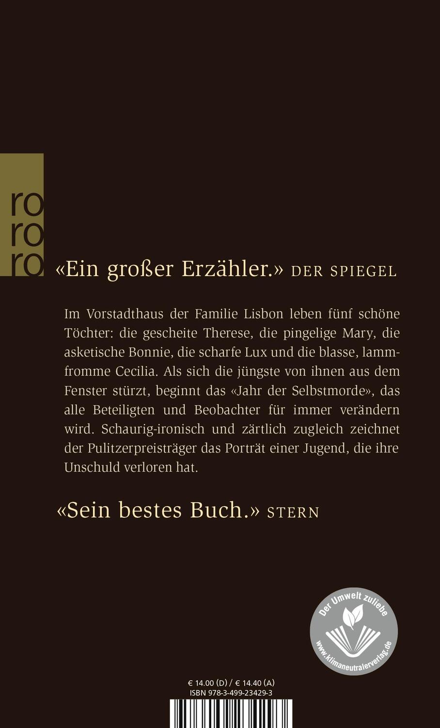 Rückseite: 9783499234293 | Die Selbstmord-Schwestern | Jeffrey Eugenides | Taschenbuch | Deutsch