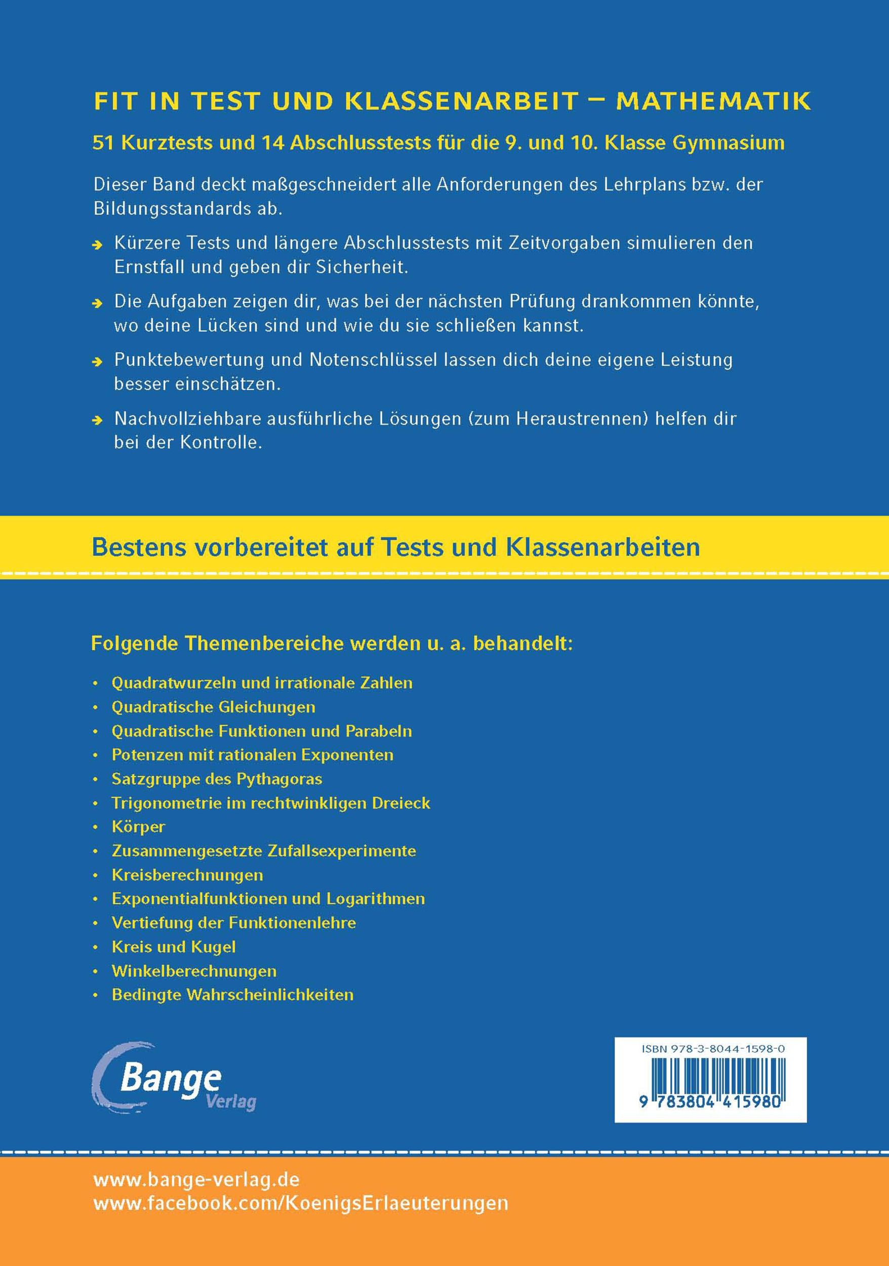 Rückseite: 9783804415980 | Fit in Test und Klassenarbeit - Mathematik 9./10. Klasse Gymnasium