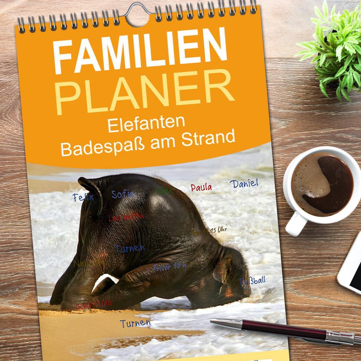 Bild: 9783457119440 | Familienplaner 2025 - Elefanten. Badespaß am Strand mit 5 Spalten...