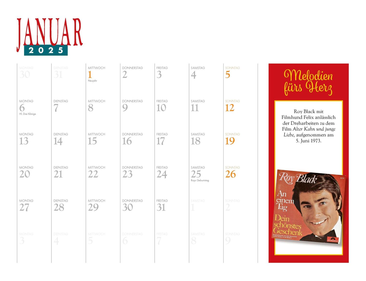 Bild: 9783966648530 | Roy Black Kalender 2025 | Melodien fürs Herz | Kalender | 14 S. | 2025