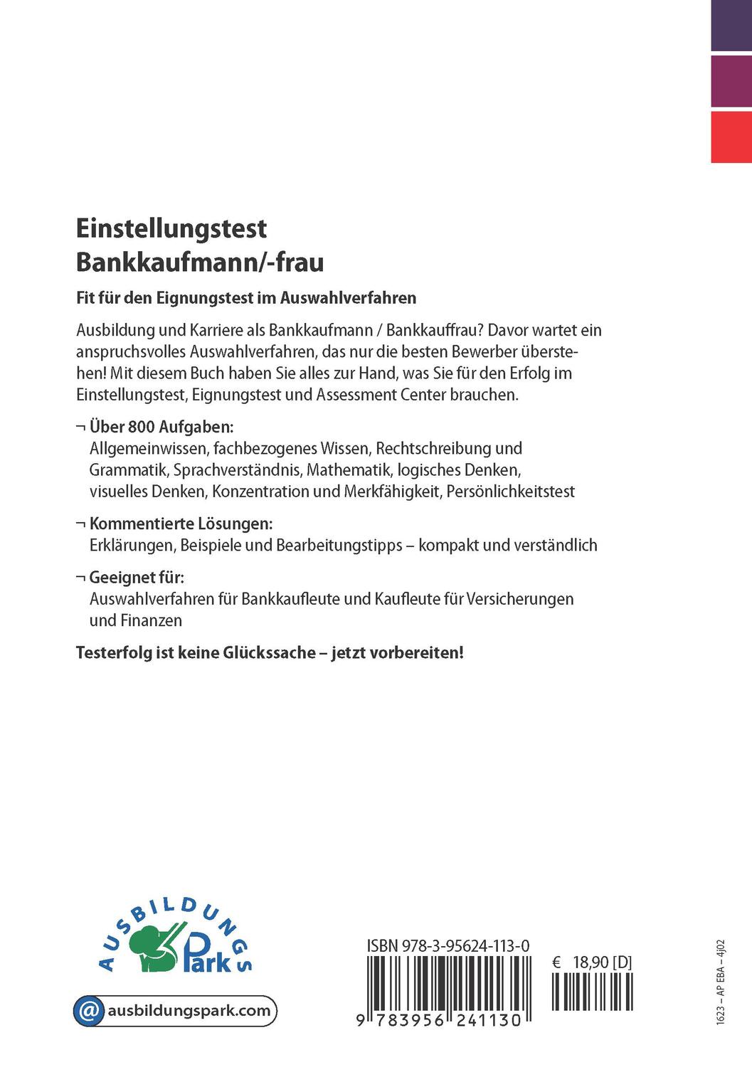 Rückseite: 9783956241130 | Einstellungstest Bankkaufmann / Bankkauffrau | Kurt Guth (u. a.)