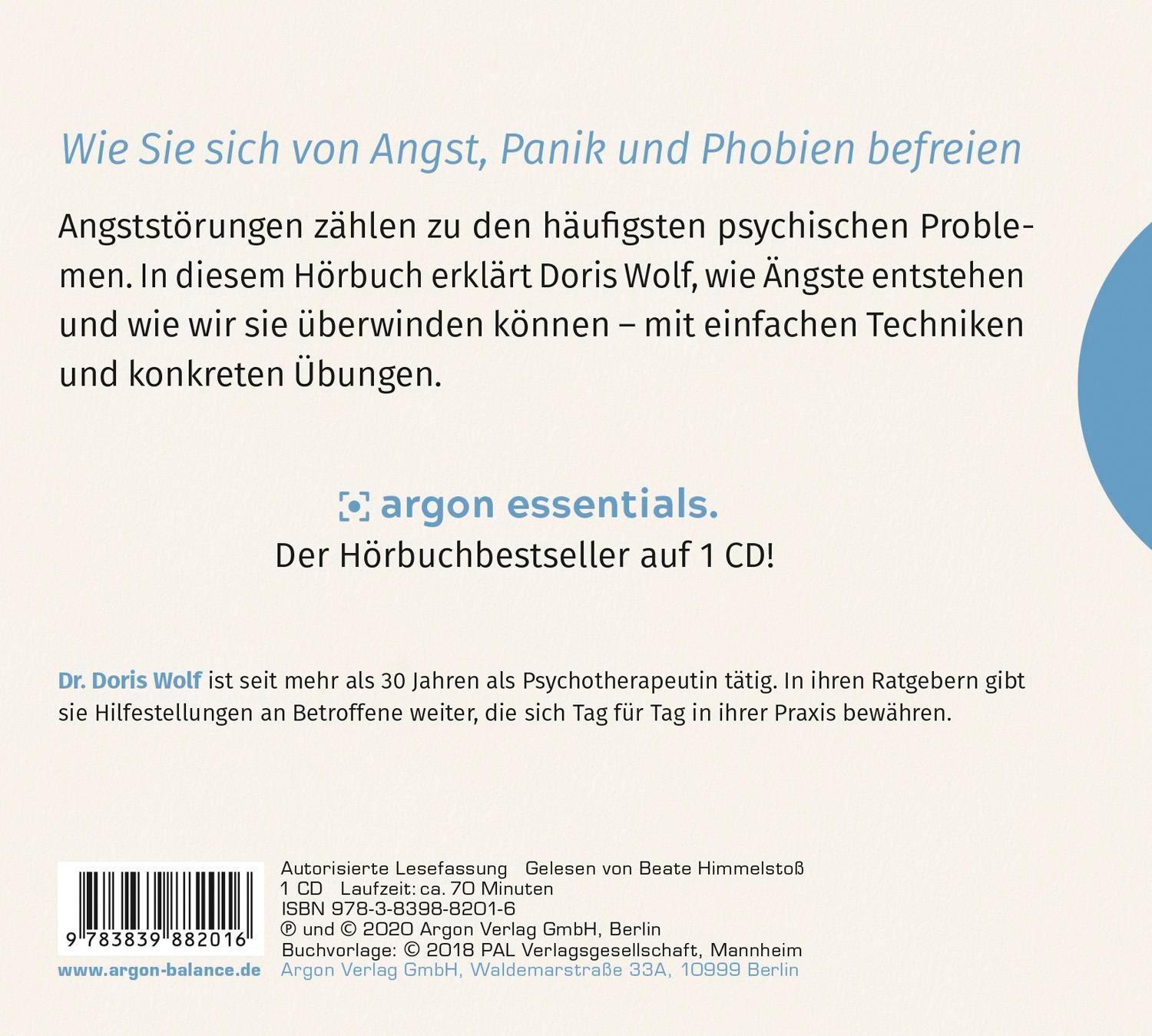 Rückseite: 9783839882016 | Ängste verstehen und überwinden | Doris Wolf | Audio-CD | 71 Min.