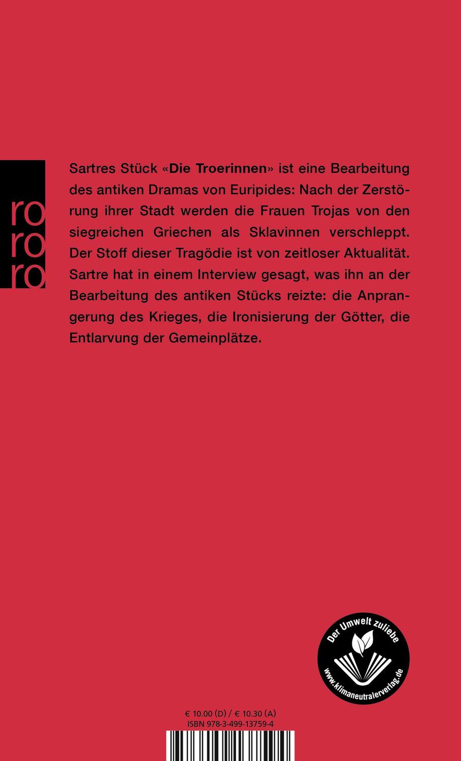 Rückseite: 9783499137594 | Die Troerinnen des Euripides | Stück in zwölf Szenen | Sartre | Buch