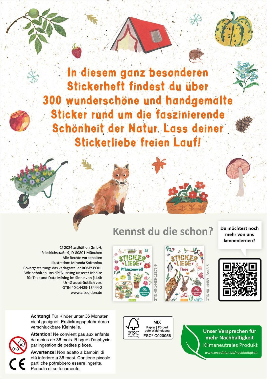 Rückseite: 4014489134442 | Stickerliebe - Natur | Über 300 handgemalte Sticker | Sofroniou | 2024