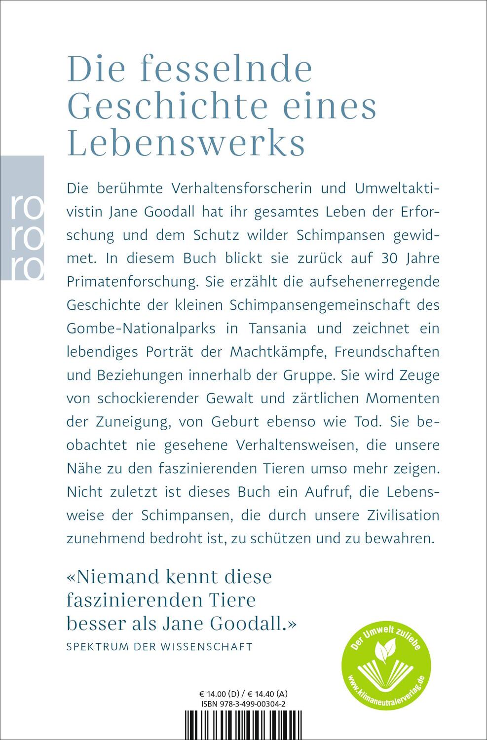 Rückseite: 9783499003042 | Ein Herz für Schimpansen | Meine 30 Jahre am Gombe-Strom | Goodall