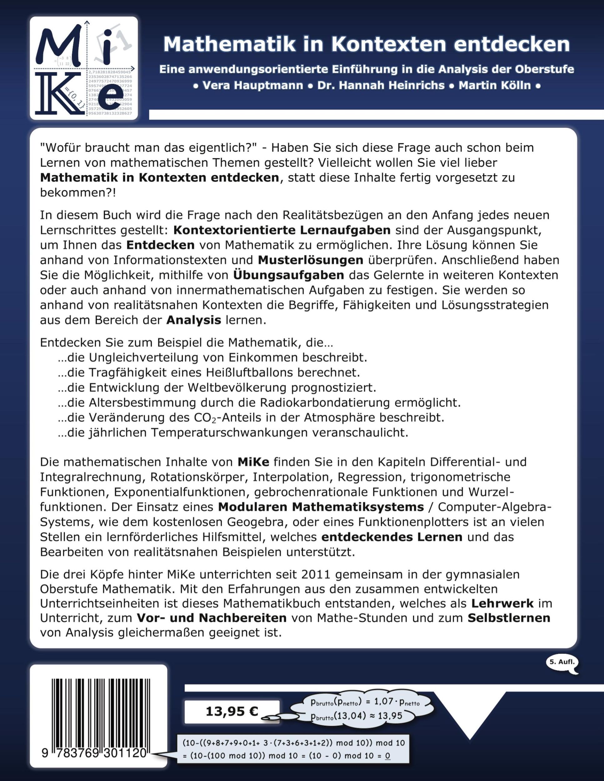 Rückseite: 9783769301120 | Mathematik in Kontexten entdecken: Analysis | Vera Hauptmann (u. a.)