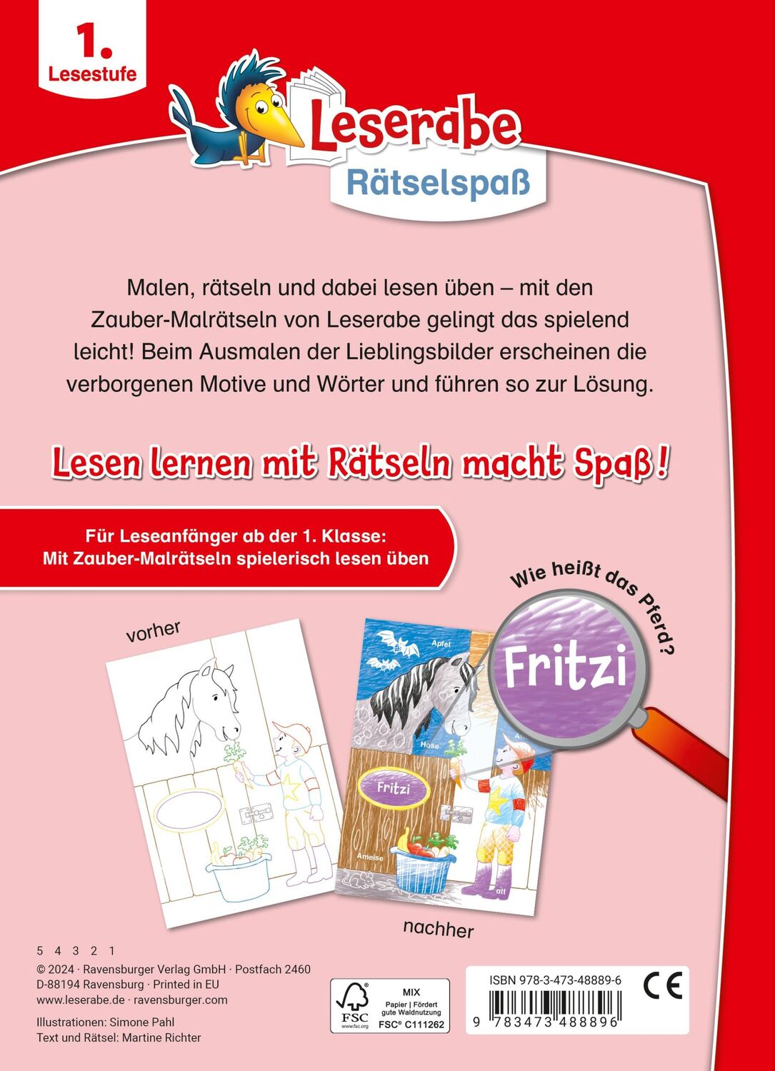 Rückseite: 9783473488896 | Ravensburger Leserabe Zauber-Malrätsel zum Lesenlernen: Pferde (1....