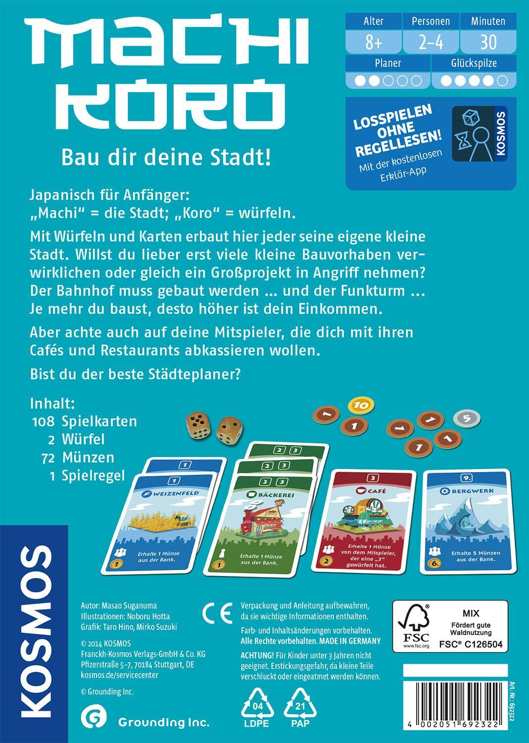 Rückseite: 4002051692322 | Machi Koro | Für 2 - 4 Spieler | Spiel | Deutsch | 2014 | Kosmos