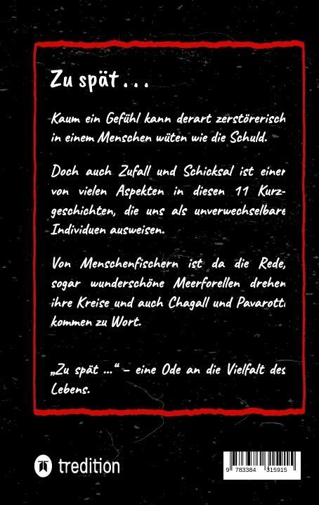 Rückseite: 9783384315915 | Zu spät . . . | 11 skurrile Kurzgeschichten | Guido Sawatzki | Buch