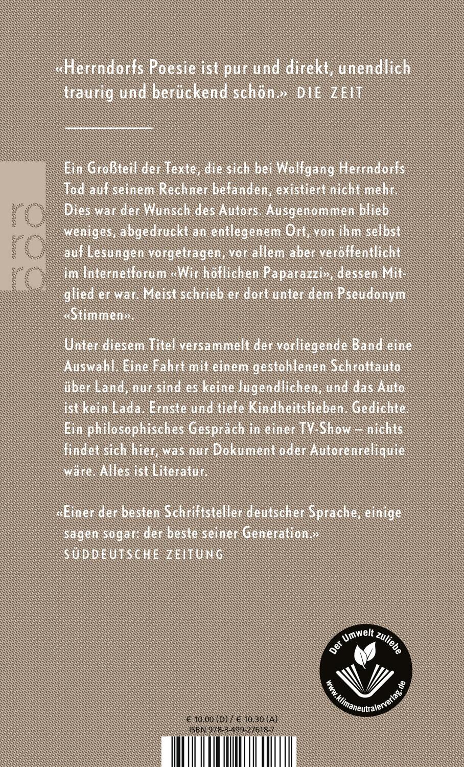 Rückseite: 9783499276187 | Stimmen | Texte, die bleiben sollten | Wolfgang Herrndorf | Buch