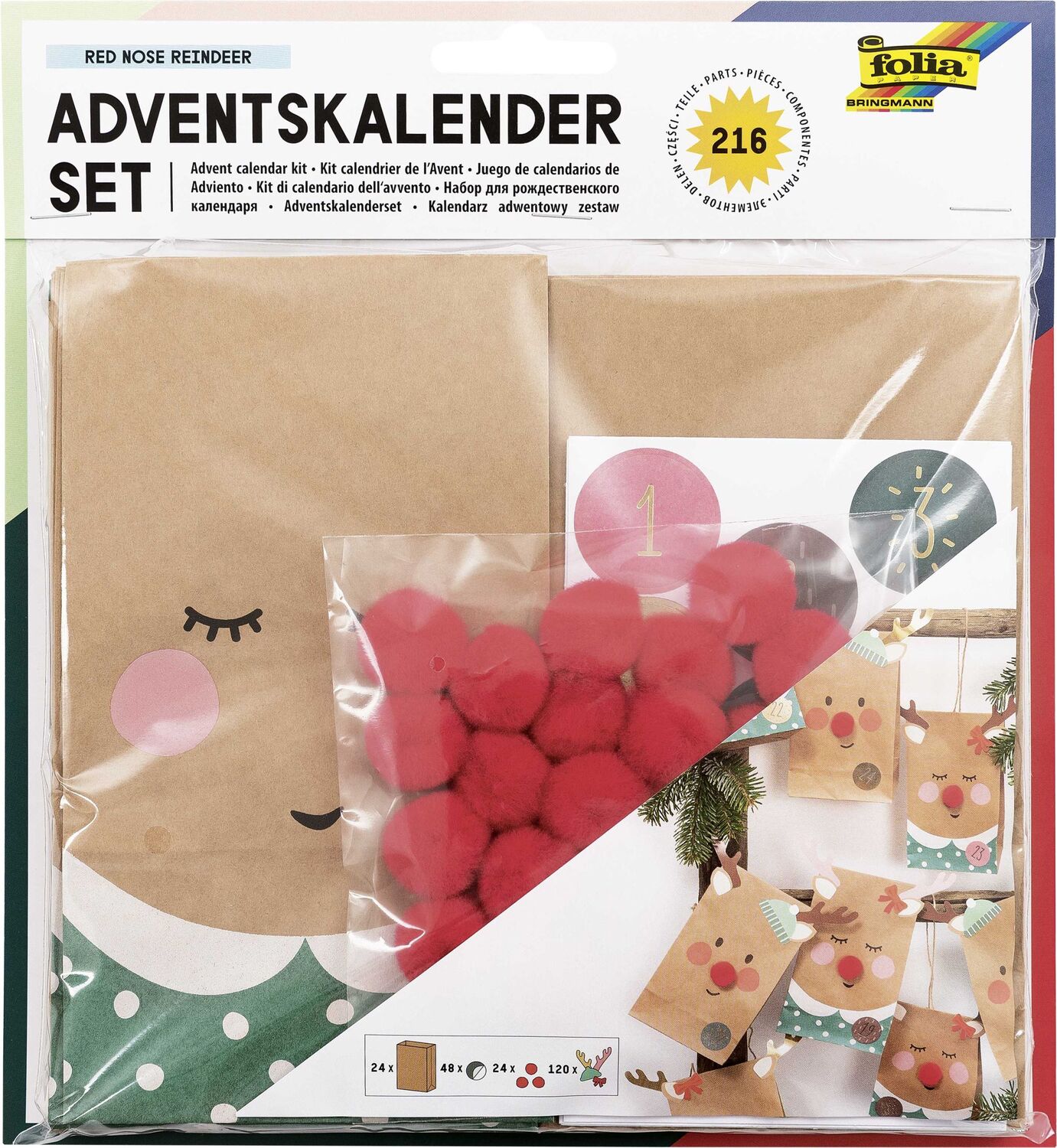 Cover: 4001868124644 | Folia Adventskalender Set RED NOSE REINDEER, 216-teilig | 9384 | 2021