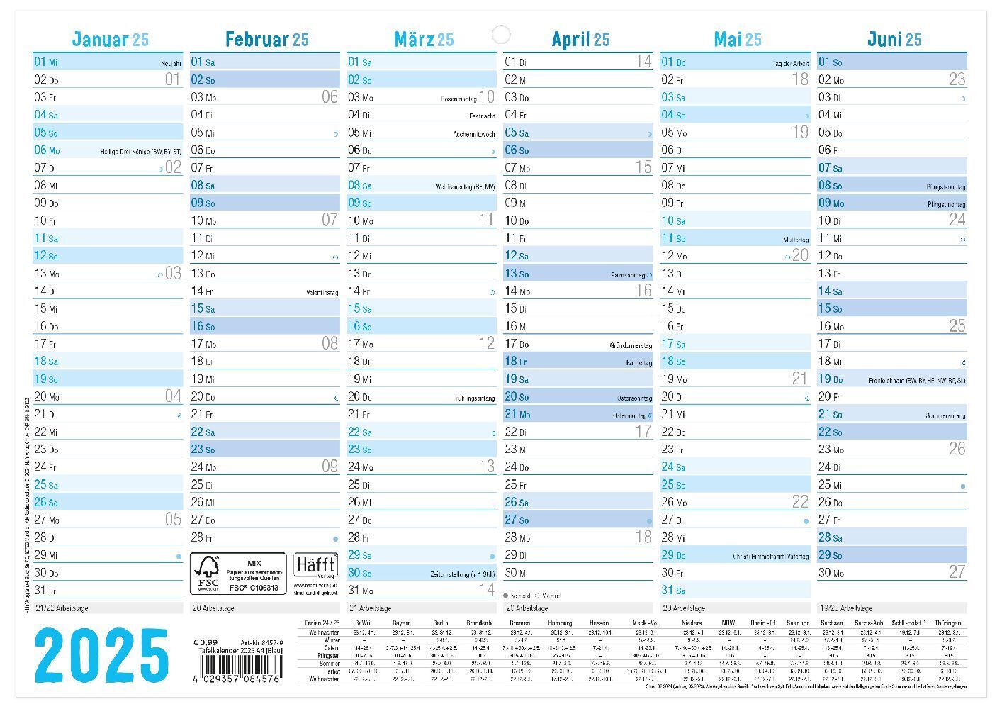 Cover: 4029357084576 | Tafelkalender 2025 A4 [Blau] | Andreas Reiter | Kalender | Deutsch